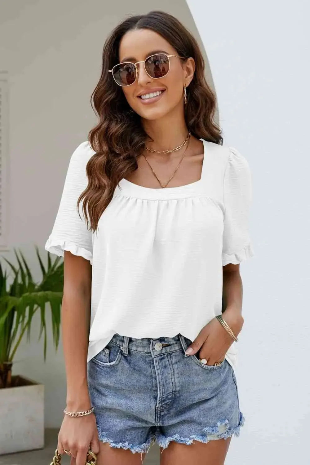 Frill Trim Puff Sleeve Square Neck Blouse Blouses - Tophatter Daily Deals