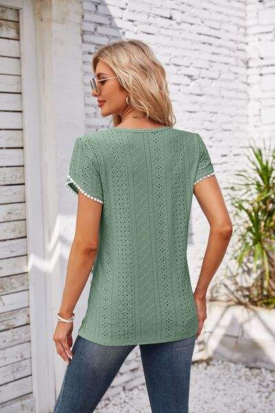 Eyelet Round Neck Petal Sleeve T-Shirt Women's T-Shirts - Tophatter Daily Deals