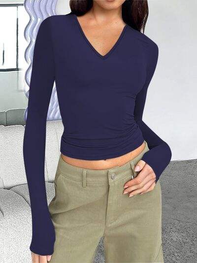 V-Neck Long Sleeve T-Shirt Navy Women's T-Shirts - Tophatter Daily Deals