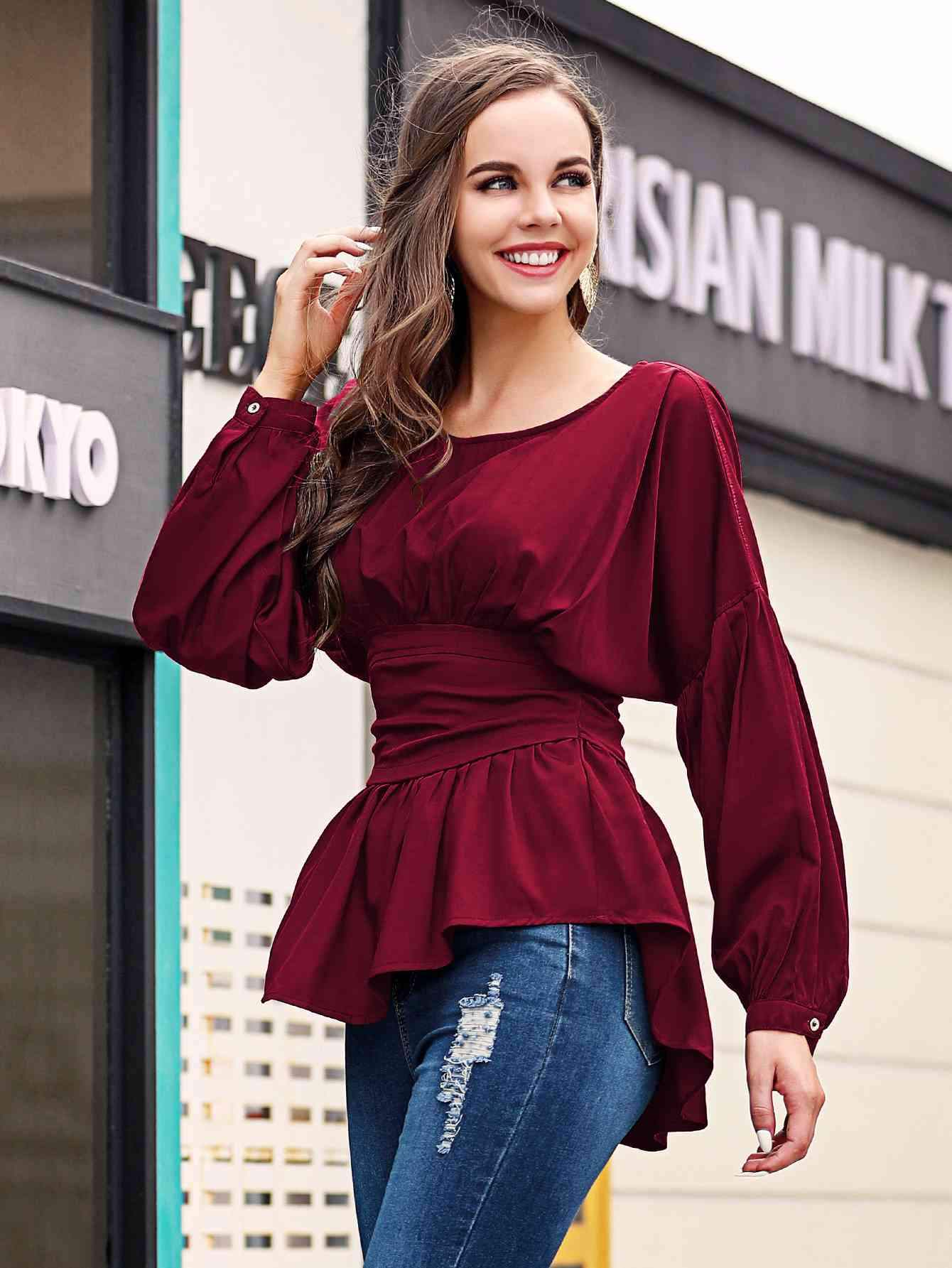 Exposed Seams Round Neck Dropped Shoulder Blouse Blouses - Tophatter Daily Deals