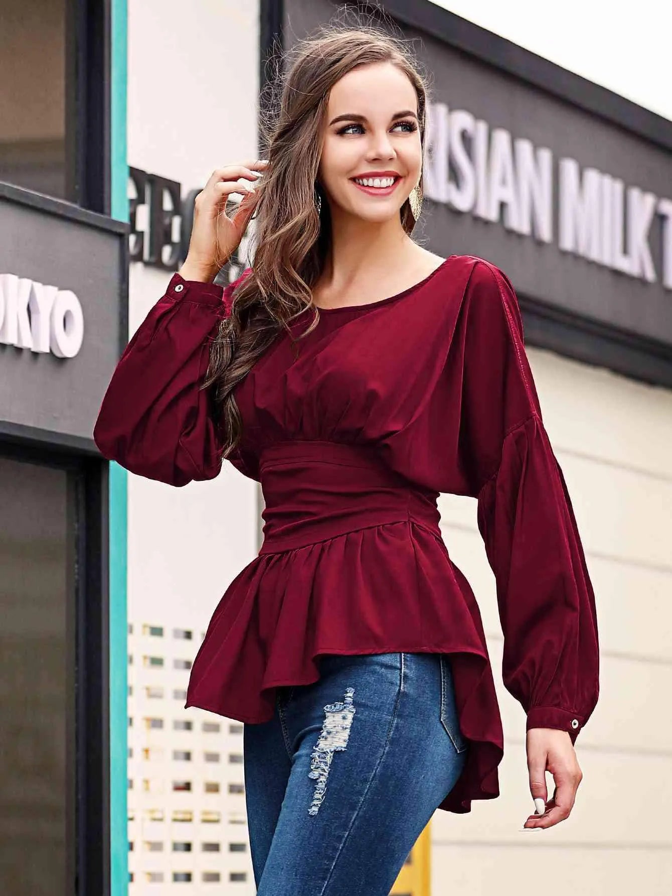 Exposed Seams Round Neck Dropped Shoulder Blouse Blouses - Tophatter Daily Deals