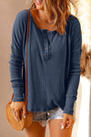 Waffle Knit Henley Long Sleeve Top Peacock Blue Blouses - Tophatter Daily Deals