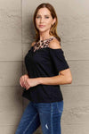 Leopard Print Round Neck Cold Shoulder Blouse Blouses - Tophatter Daily Deals