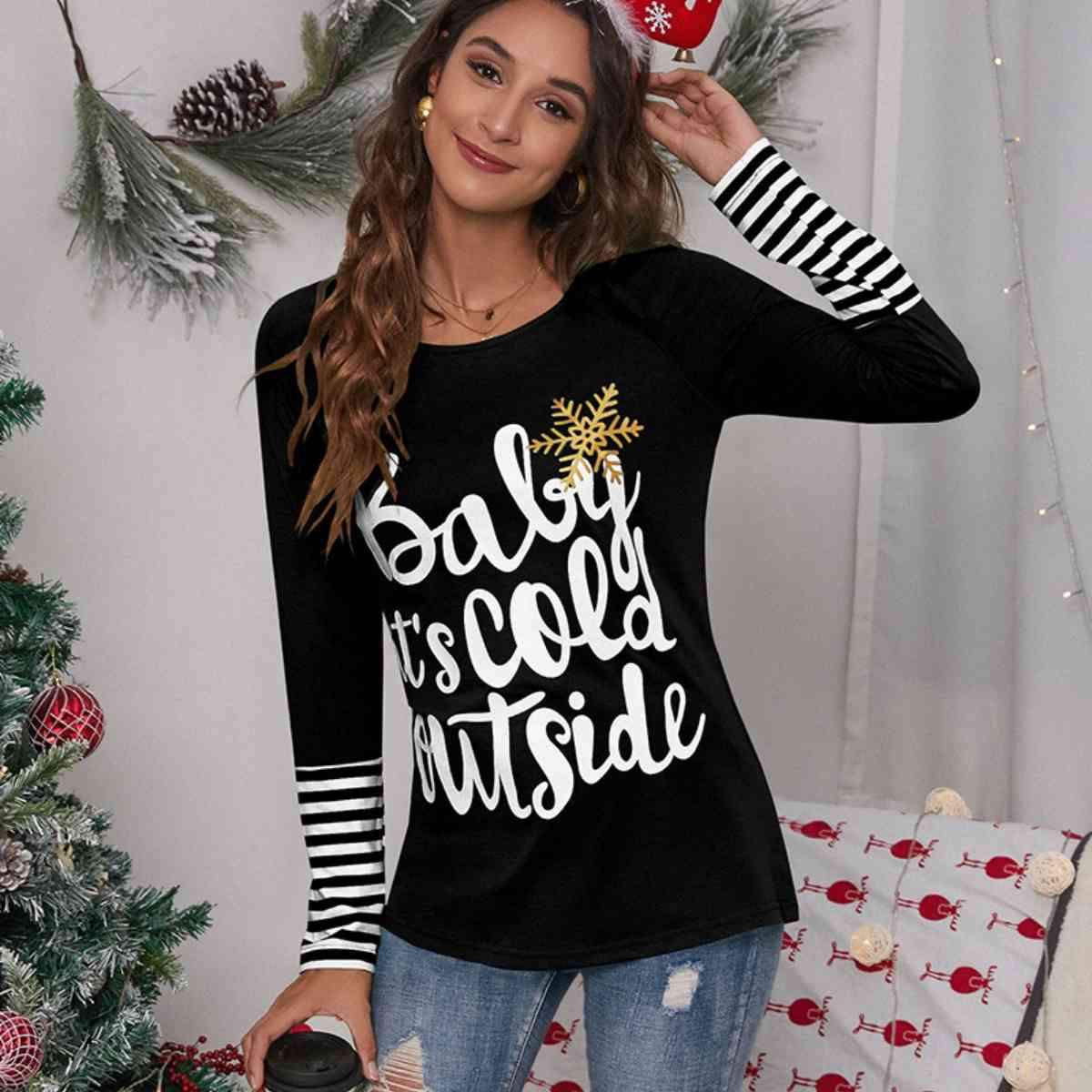 Slogan Graphic Striped Long Sleeve T-Shirt Black Women's T-Shirts - Tophatter Daily Deals