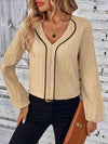 Contrast V-Neck Long Sleeve Blouse Blouses - Tophatter Daily Deals