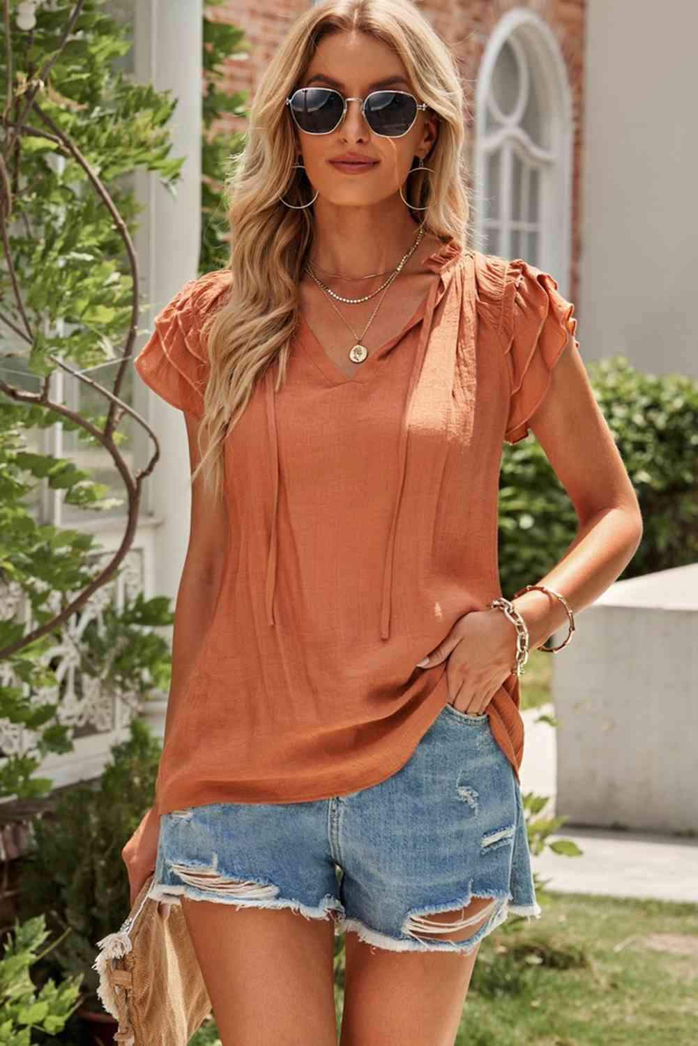 Tie-Neck Flutter Sleeve Blouse Blouses - Tophatter Daily Deals