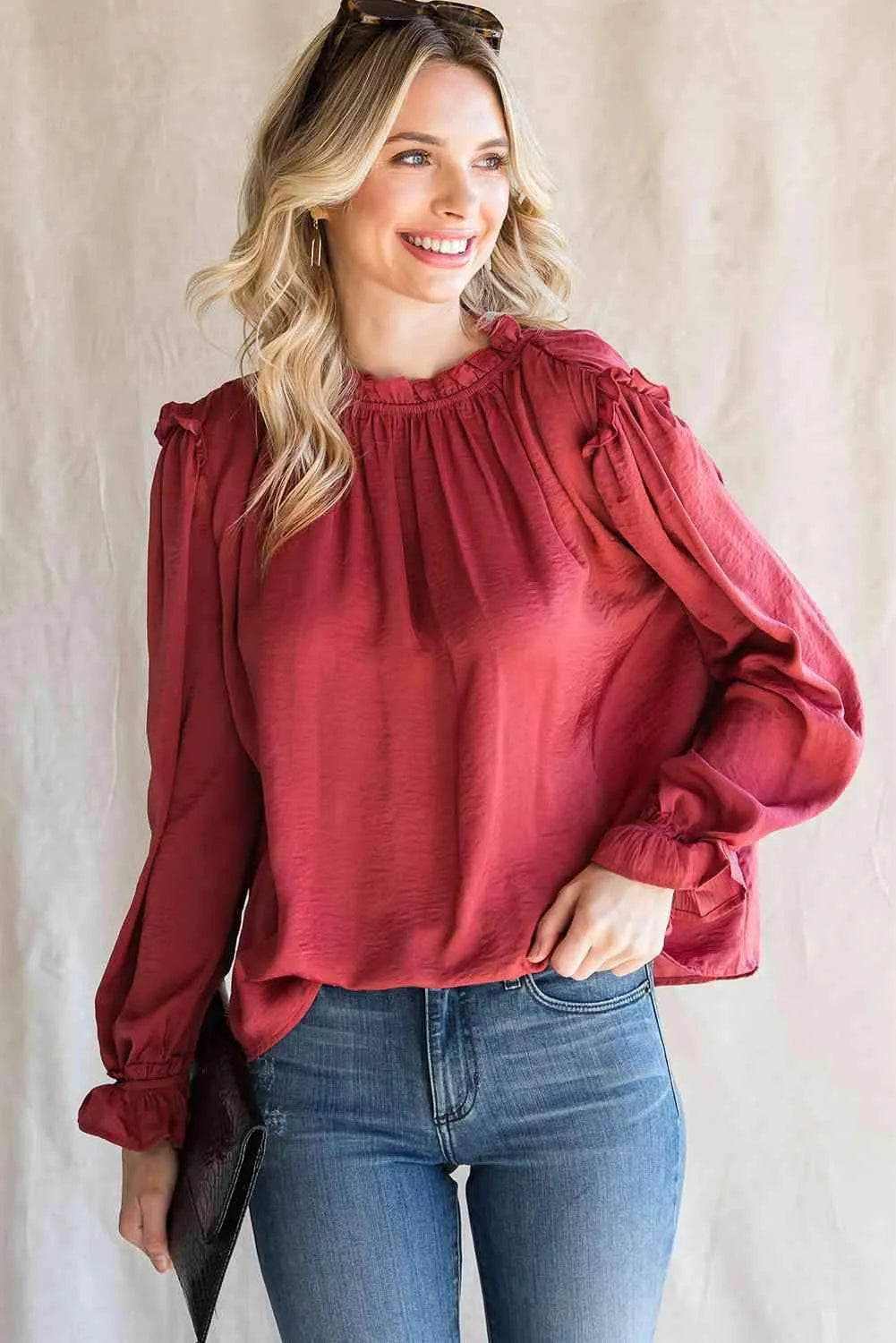 Frilled Neck Long Flounce Sleeve Blouse Blouses - Tophatter Daily Deals