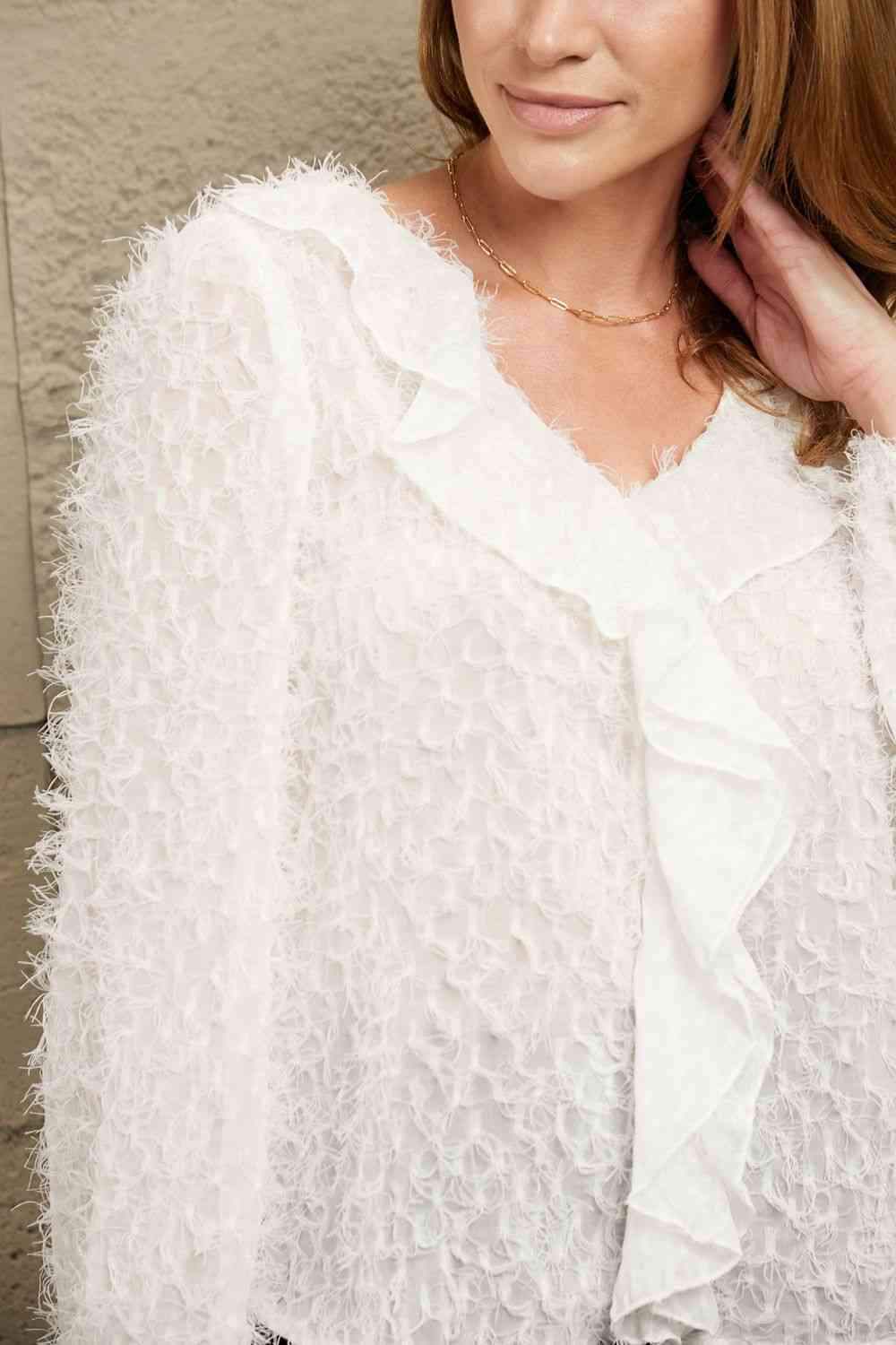 Double Take Ruffle Hem Fringe V-Neck Balloon Sleeve Blouse Blouses - Tophatter Daily Deals