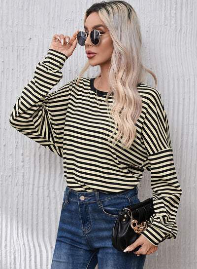 Striped Round Neck Dropped Shoulder T-Shirt Women's T-Shirts - Tophatter Daily Deals