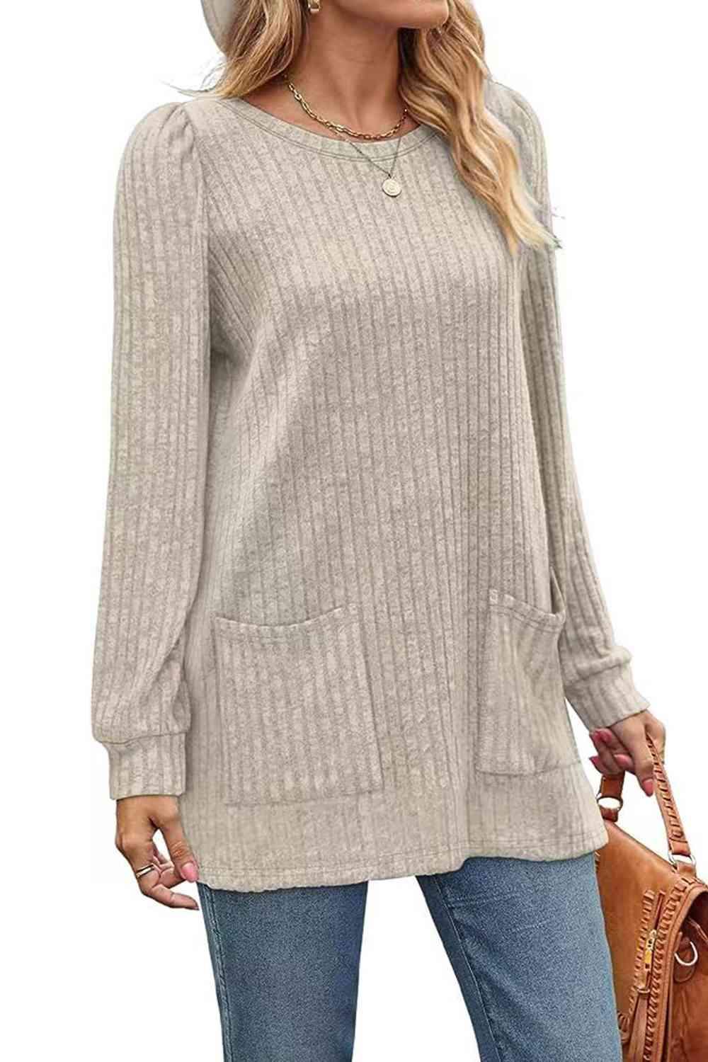 Ribbed Round Neck Long Sleeve T-Shirt Women's T-Shirts - Tophatter Daily Deals