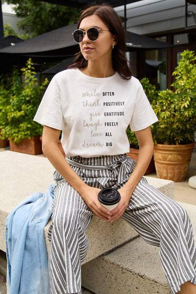 Simply Love Full Size Letter Graphic Short Sleeve T-Shirt White Women's T-Shirts - Tophatter Daily Deals