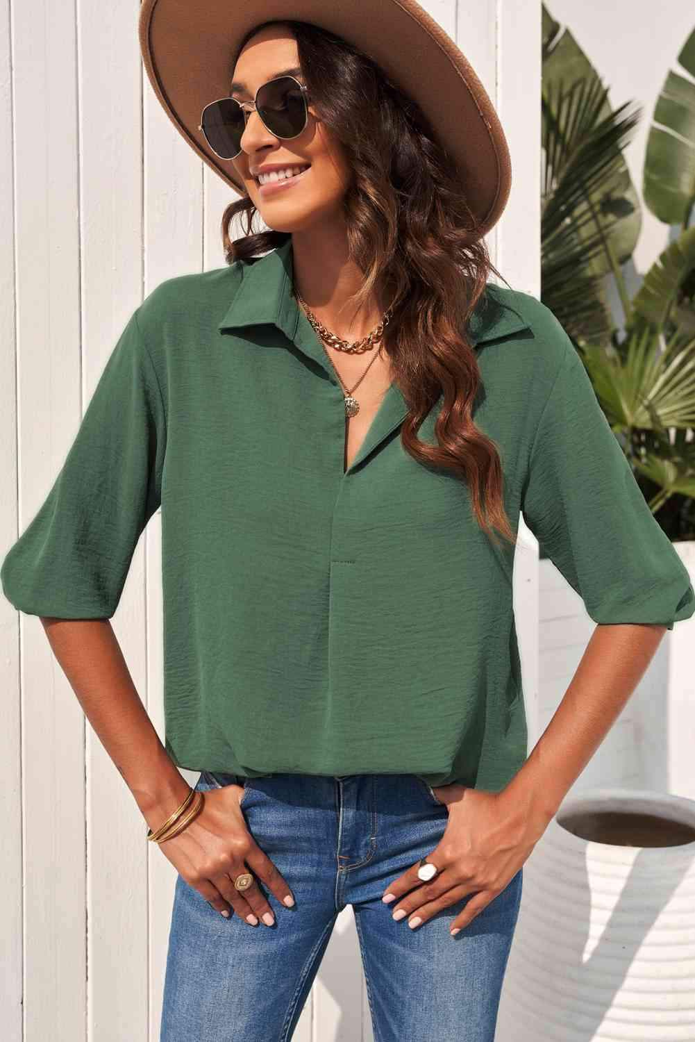 Textured Johnny Collar Three-Quarter Sleeve Blouse Green Blouses - Tophatter Daily Deals