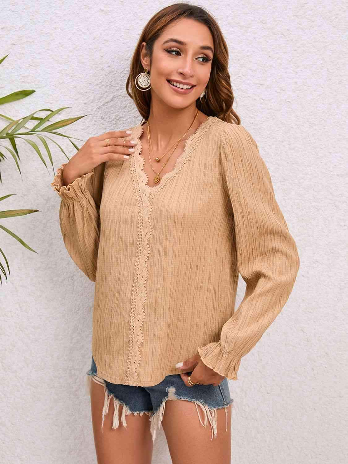 Lace Trim V-Neck Flounce Sleeve Blouse Tan Blouses - Tophatter Daily Deals