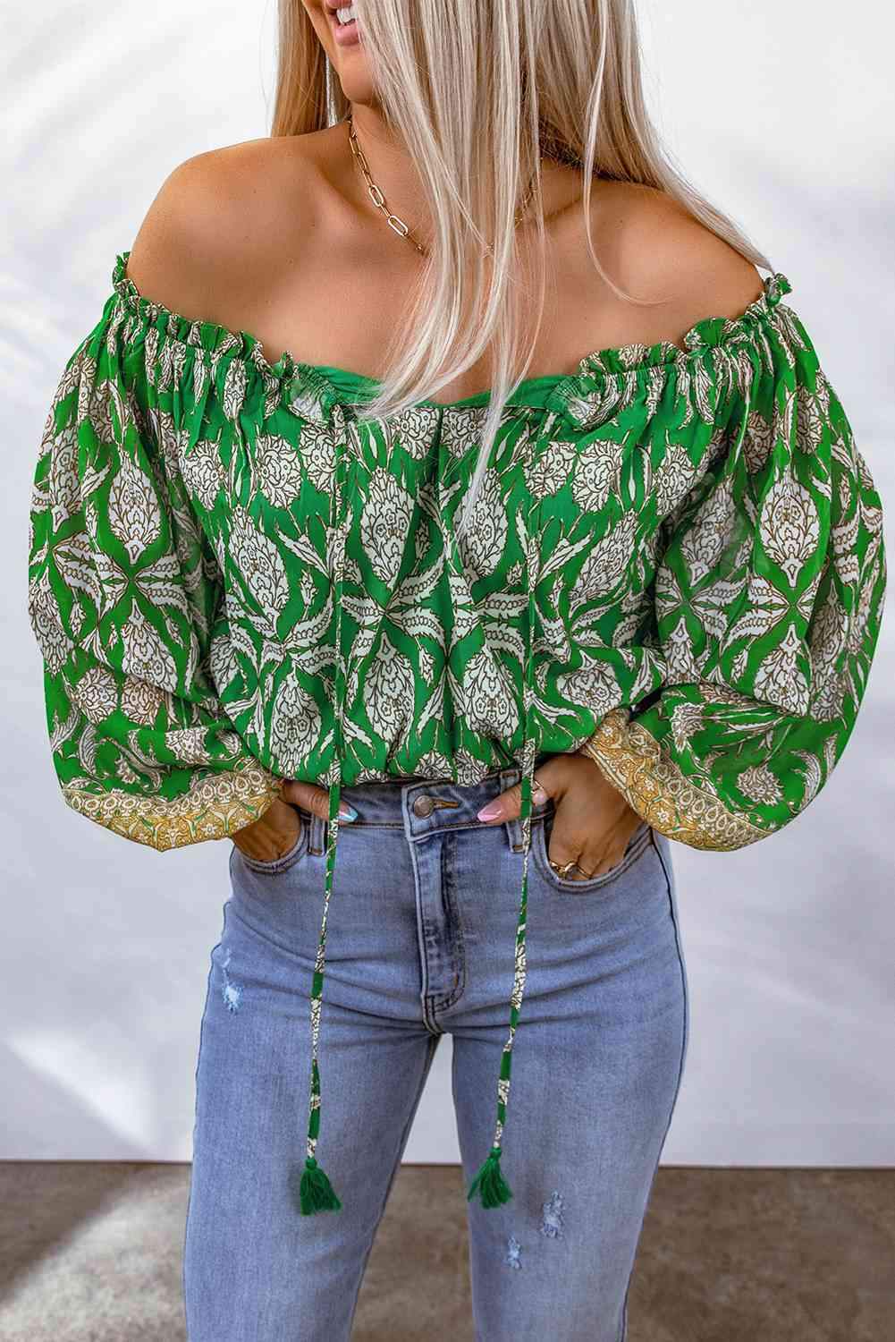 Printed Tassel Tie Balloon Sleeve Blouse Blouses - Tophatter Daily Deals