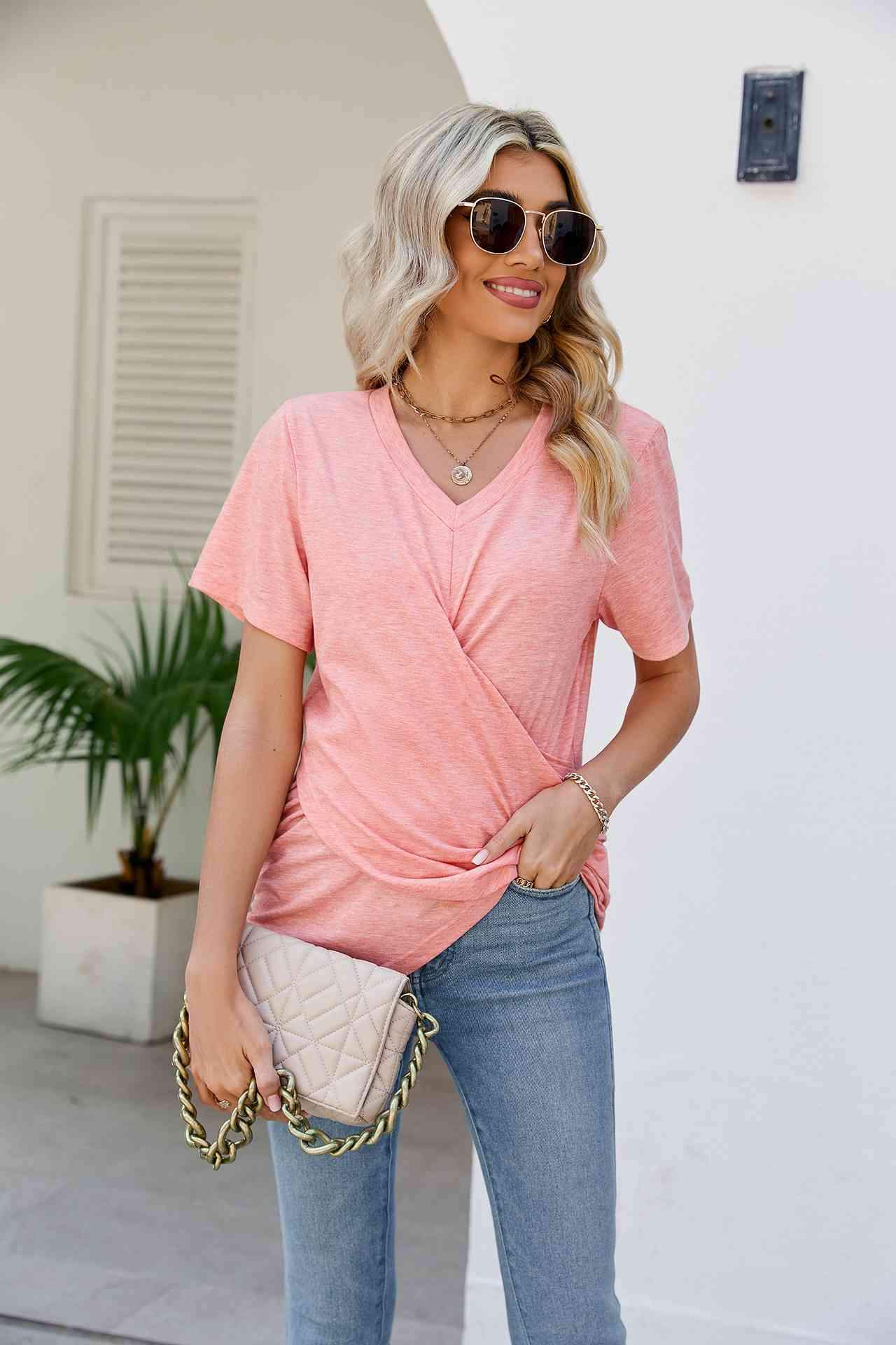 V-Neck Crisscross Short Sleeve Tee Coral Women's T-Shirts - Tophatter Daily Deals