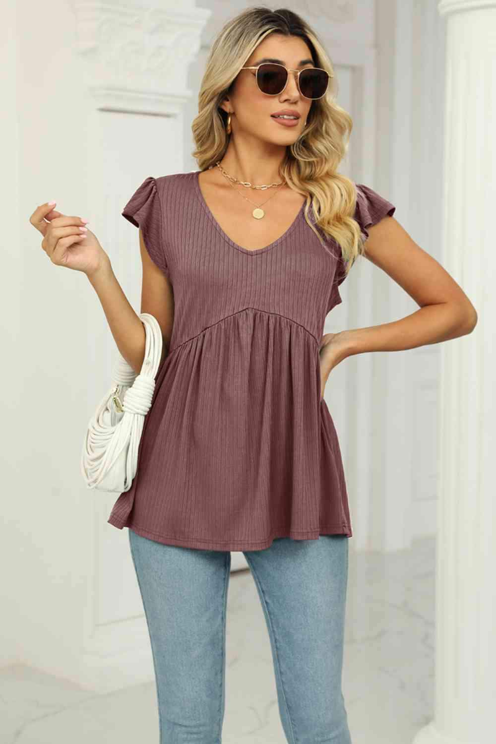 V-Neck Flutter Sleeve Babydoll Blouse Blouses - Tophatter Daily Deals