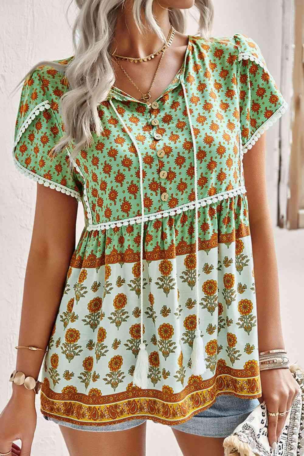 Bohemian Tie Neck Buttoned Blouse Blouses - Tophatter Daily Deals