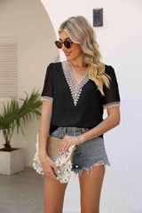 Contrast V-Neck Swiss Dot Top Blouses - Tophatter Daily Deals