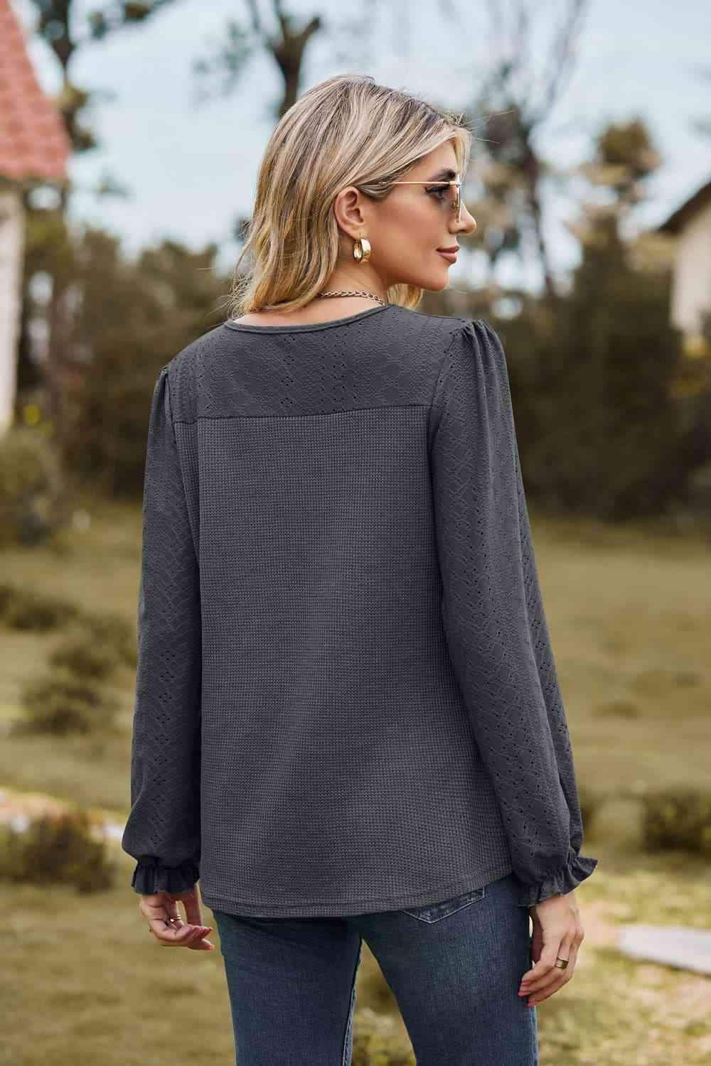 Round Neck Puff Sleeve Blouse Blouses - Tophatter Daily Deals