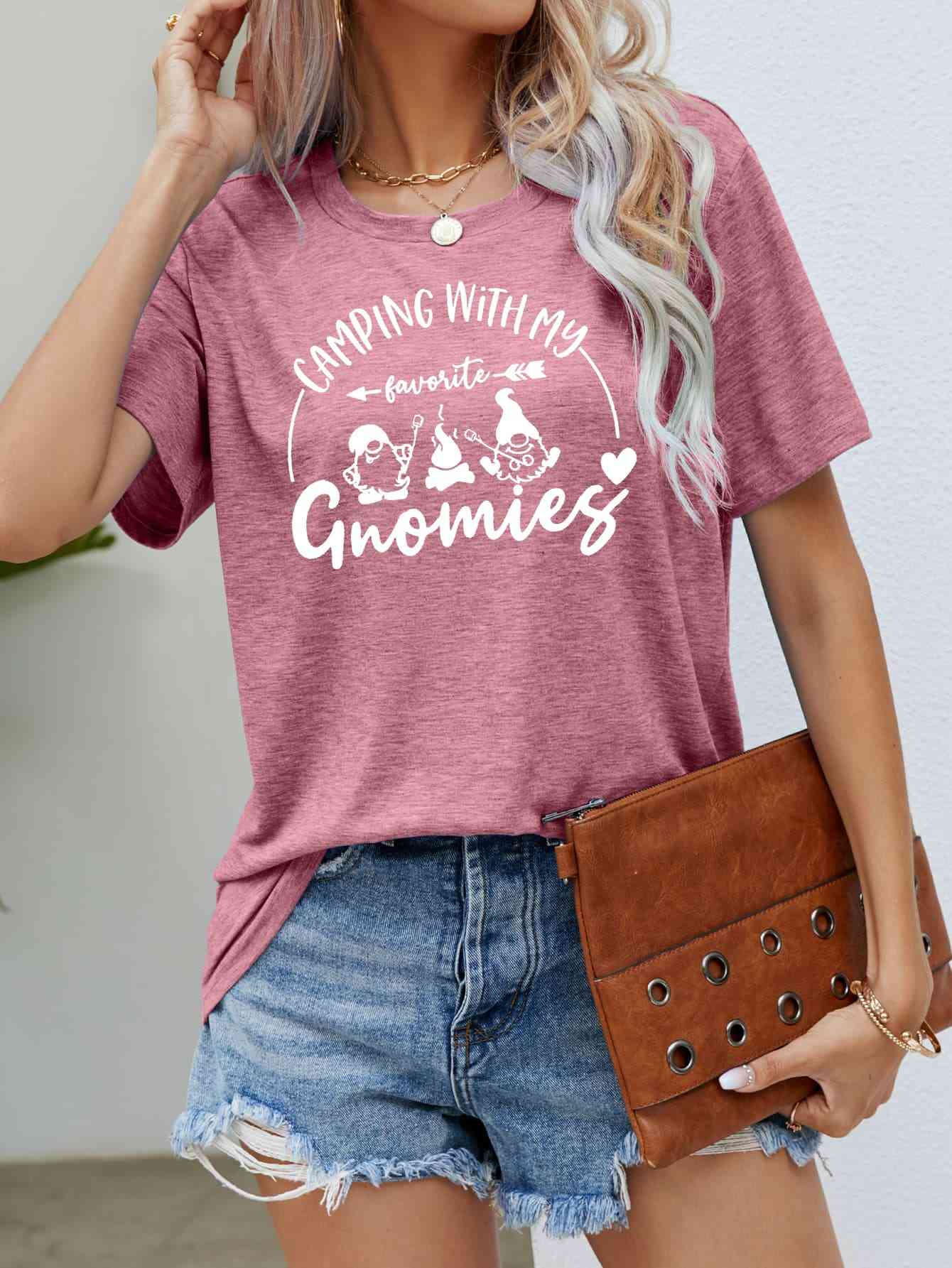 CAMPING WITH MY FAVORITE GNOMIES Graphic Tee Light Mauve Women's T-Shirts - Tophatter Daily Deals