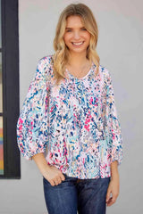 Printed Round Neck Balloon Sleeve Blouse Blue Blouses - Tophatter Daily Deals