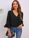 V-Neck Lace Detail Flounce Sleeve Blouse Black Blouses - Tophatter Daily Deals