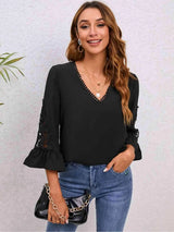 V-Neck Lace Detail Flounce Sleeve Blouse Black Blouses - Tophatter Daily Deals