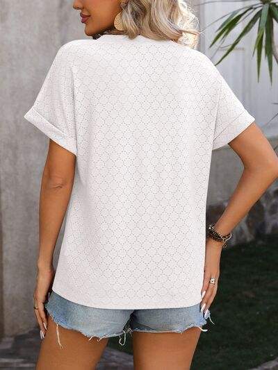 Eyelet Notched Short Sleeve T-Shirt Women's T-Shirts - Tophatter Daily Deals