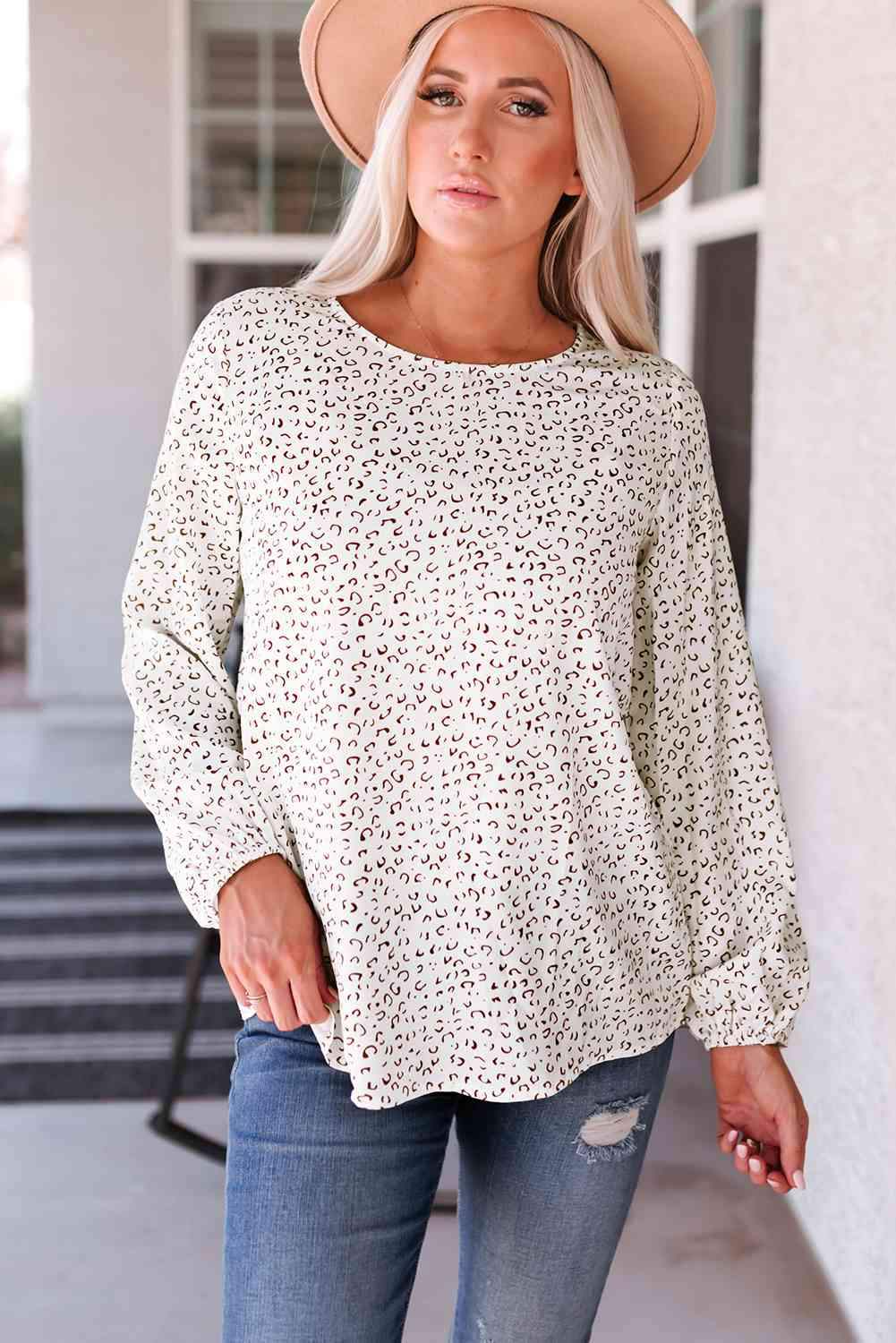 Leopard Round Neck Balloon Sleeve Blouse Multicolor Blouses - Tophatter Daily Deals