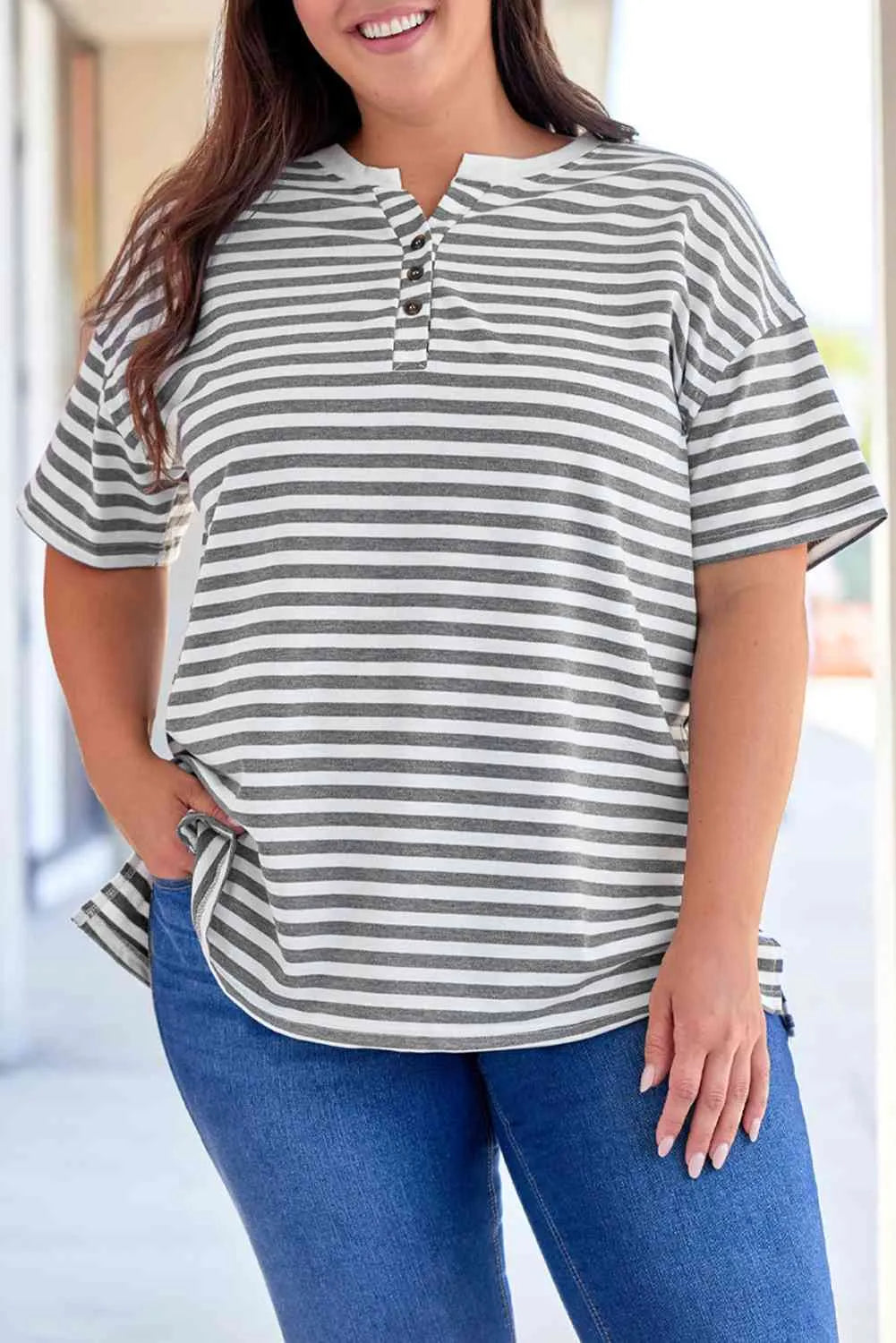 Plus Size Striped Notched Neck Short Sleeve Tee Women's T-Shirts - Tophatter Daily Deals