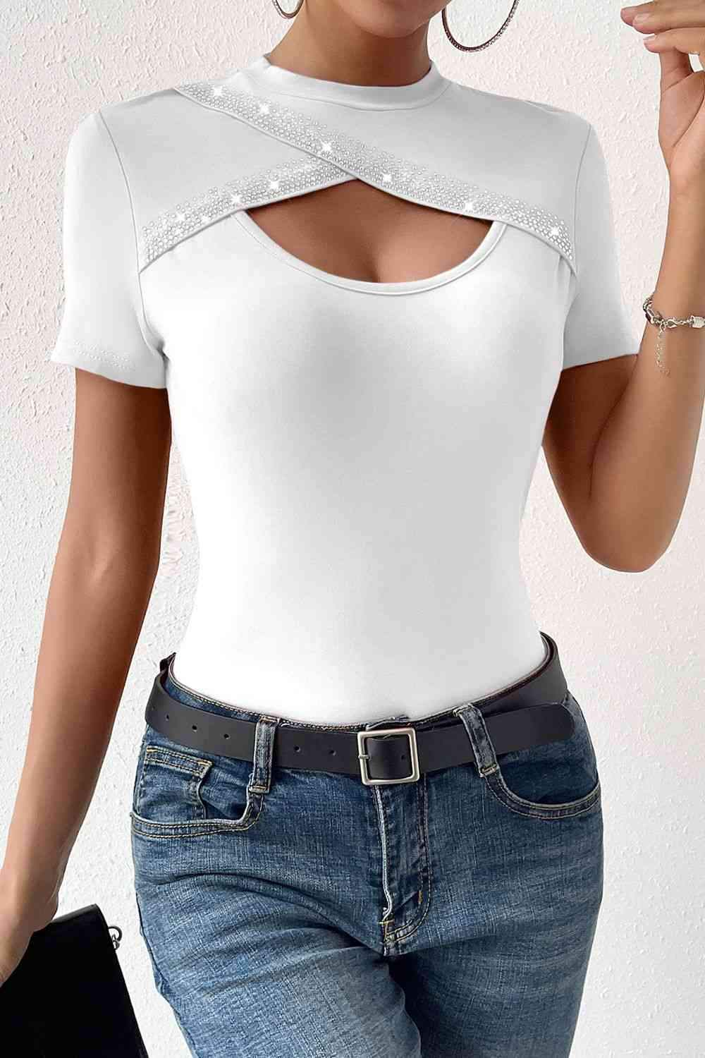 Cutout Short Sleeve Round Neck T-Shirt Women's T-Shirts - Tophatter Daily Deals