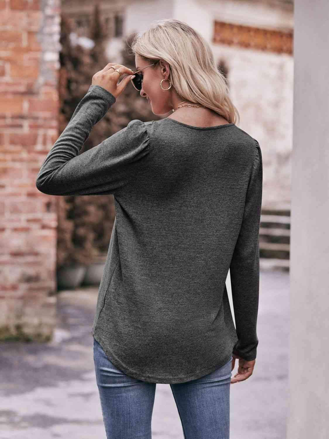 Double Take Pleated Detail Curved Hem Long Sleeve Top Blouses - Tophatter Daily Deals