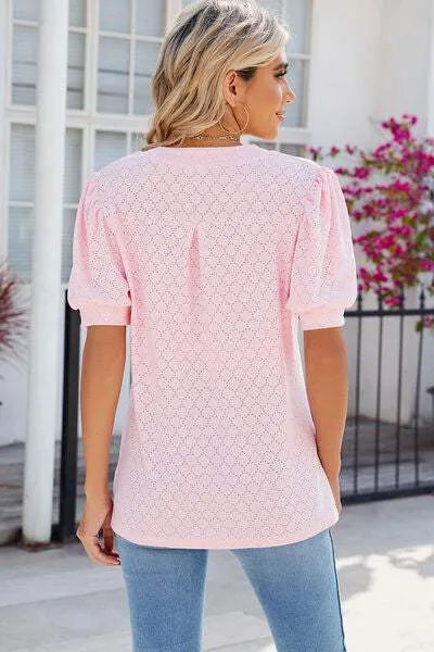 Eyelet Notched Puff Sleeve T-Shirt Women's T-Shirts - Tophatter Daily Deals