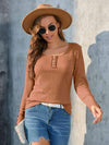 Buttoned Round Neck Long Sleeve T-Shirt Women's T-Shirts - Tophatter Daily Deals