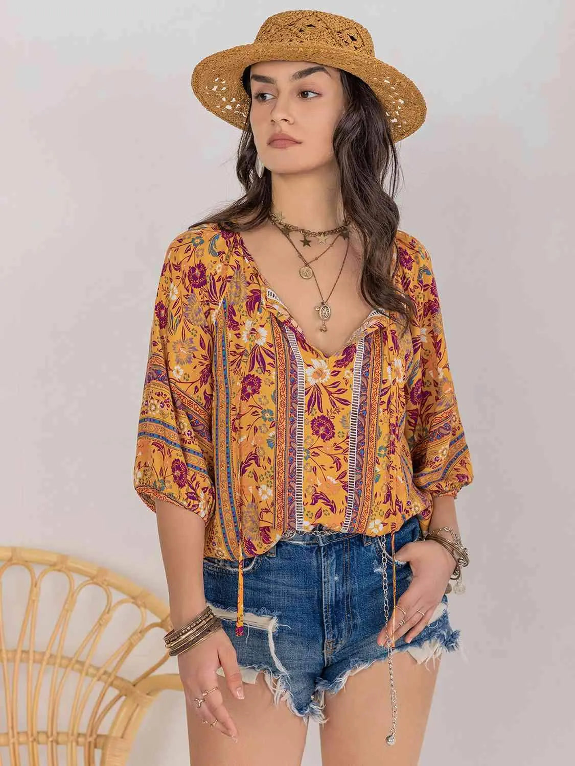 Printed Tie Neck Blouse Blouses - Tophatter Daily Deals