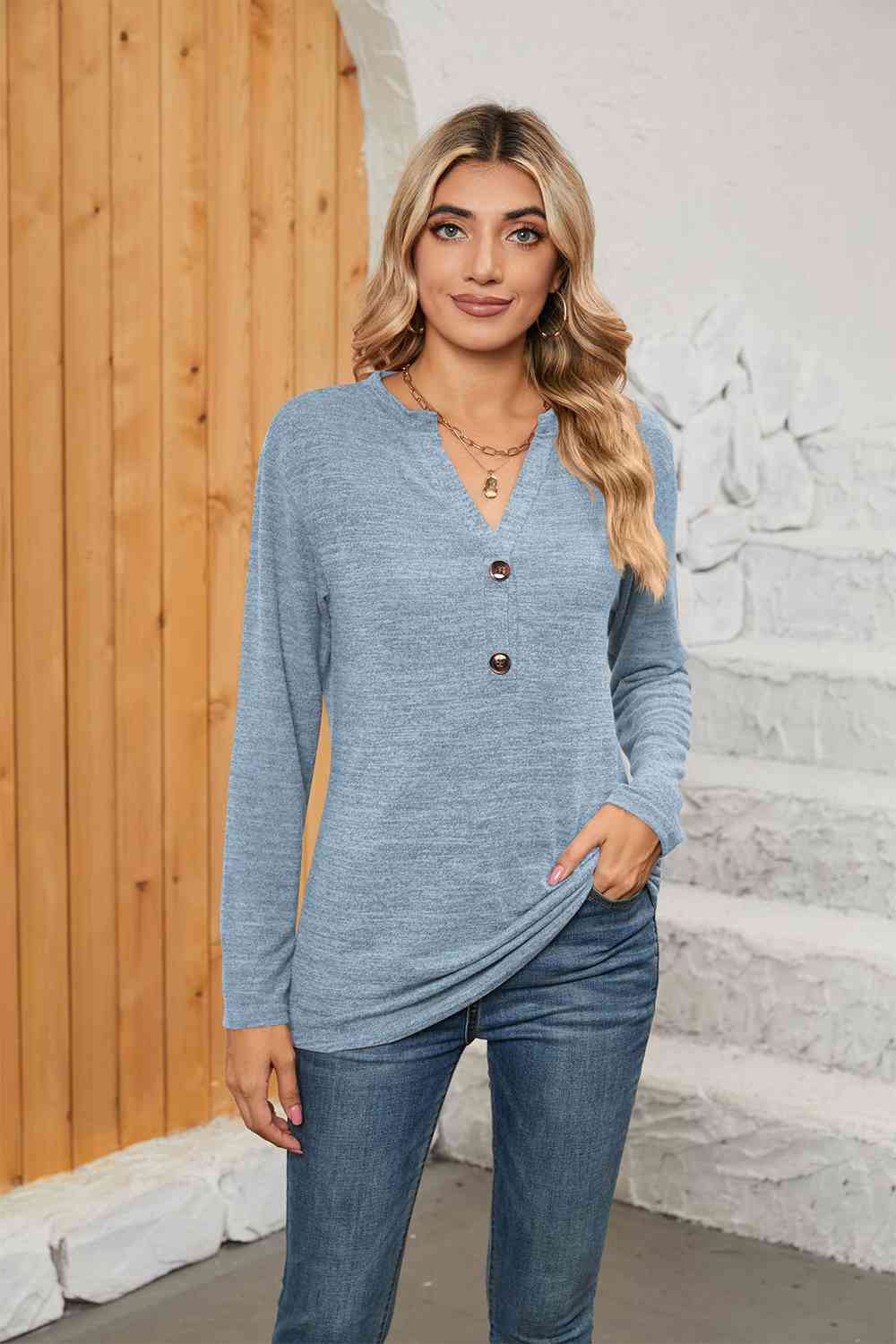 Notched Neck Long Sleeve T-Shirt Pastel Blue Women's T-Shirts - Tophatter Daily Deals