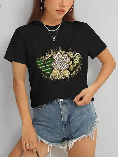 Lucky Clover Round Neck Short Sleeve T-Shirt Black Women's T-Shirts - Tophatter Daily Deals
