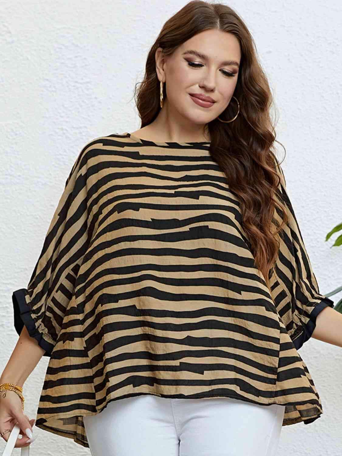 Plus Size Striped Three-Quarter Sleeve Boat Neck Top Blouses - Tophatter Daily Deals