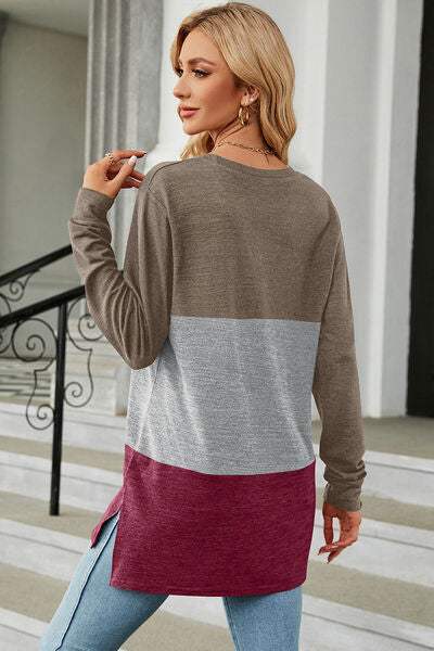 Color Block Round Neck Long Sleeve T-Shirt Women's T-Shirts - Tophatter Daily Deals