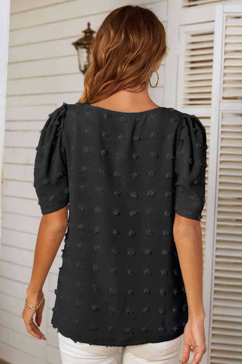 Swiss Dot V-Neck Puff Sleeve Blouse Blouses - Tophatter Daily Deals