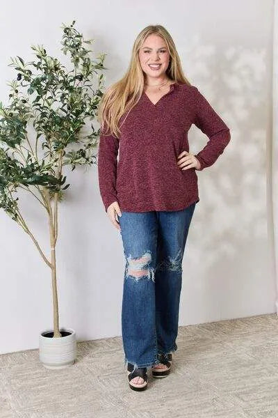 Heimish Full Size Notched Long Sleeve Top Blouses - Tophatter Daily Deals