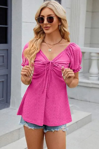 Eyelet Drawstring Short Sleeve T-Shirt Women's T-Shirts - Tophatter Daily Deals