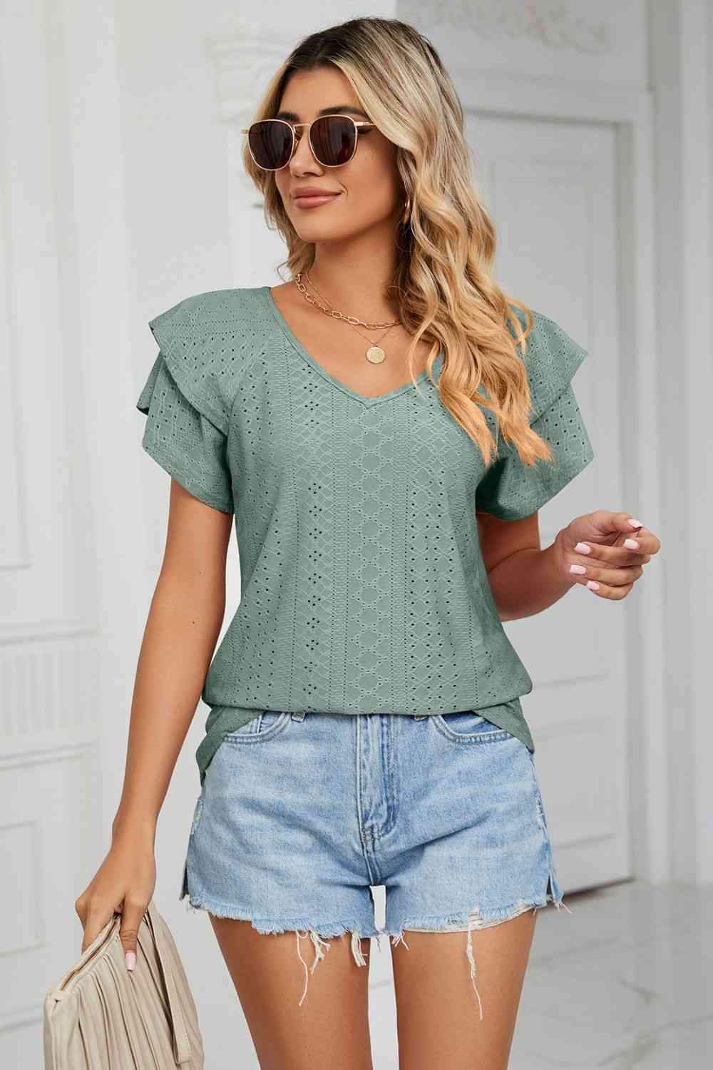 Eyelet Layered Flutter Sleeve V-Neck Knit Top Air Force Blue Blouses - Tophatter Daily Deals