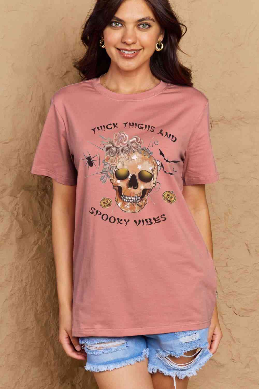 Simply Love Full Size THICK THIGHS AND SPOOKY VIBES Graphic Cotton T-Shirt Women's T-Shirts - Tophatter Daily Deals