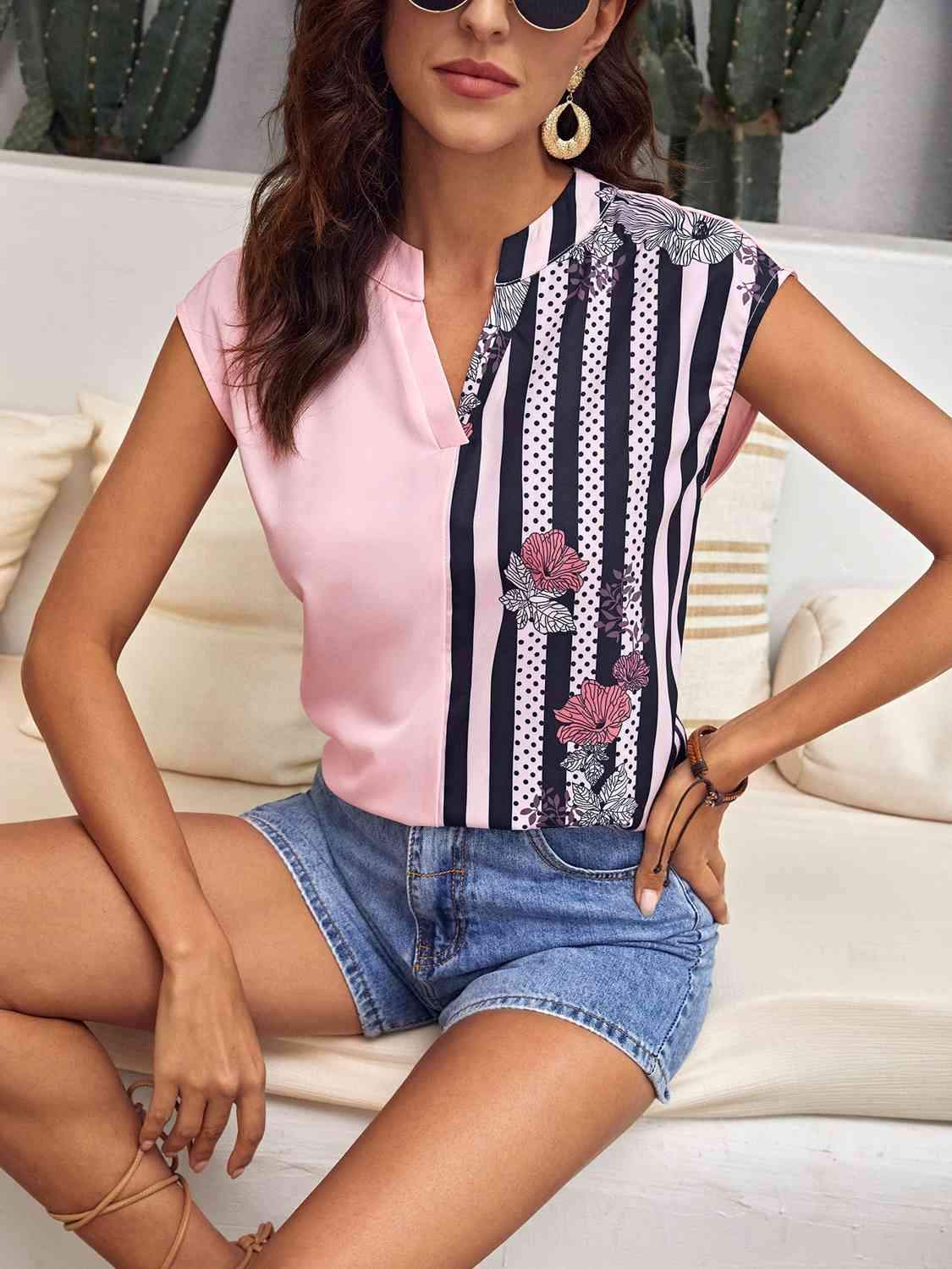 Striped Notched Sleeveless Top Blush Pink Blouses - Tophatter Daily Deals