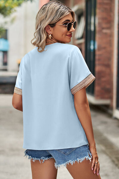 Openwork V-Neck Short Sleeve T-Shirt Women's T-Shirts - Tophatter Daily Deals