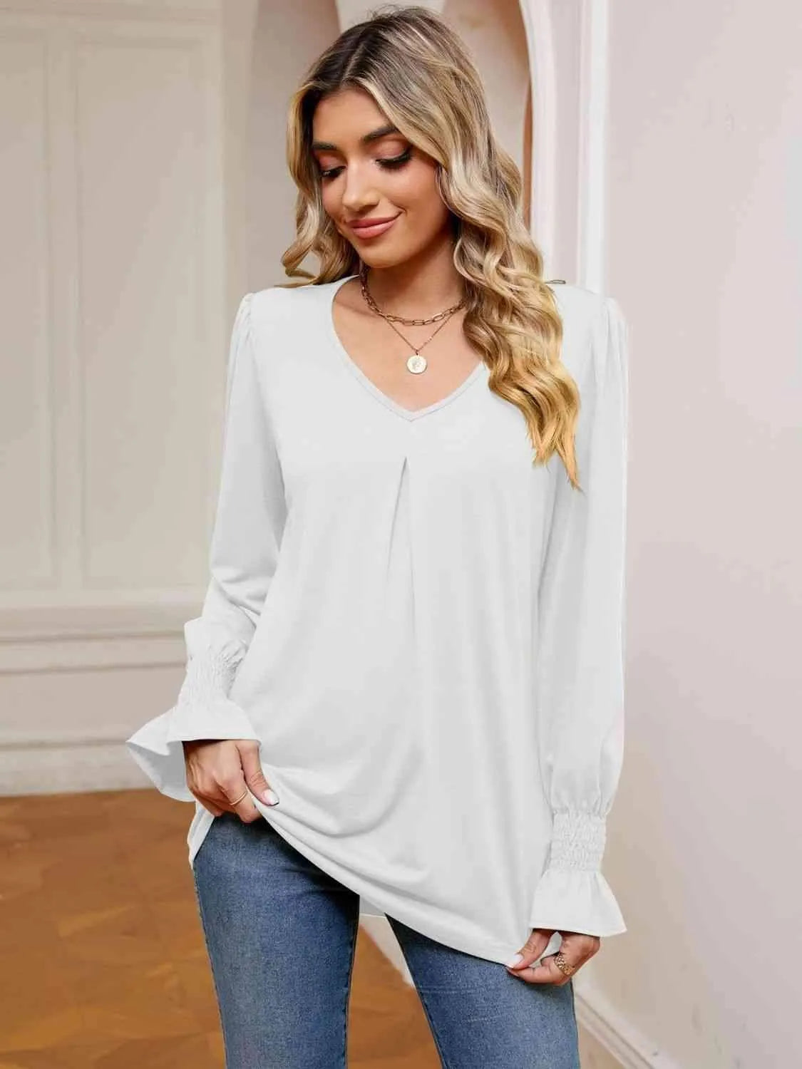 V-Neck Flounce Sleeve Blouse Blouses - Tophatter Daily Deals
