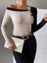 Asymmetrical One Shoulder Contrast Color Buttoned Blouse Blouses - Tophatter Daily Deals