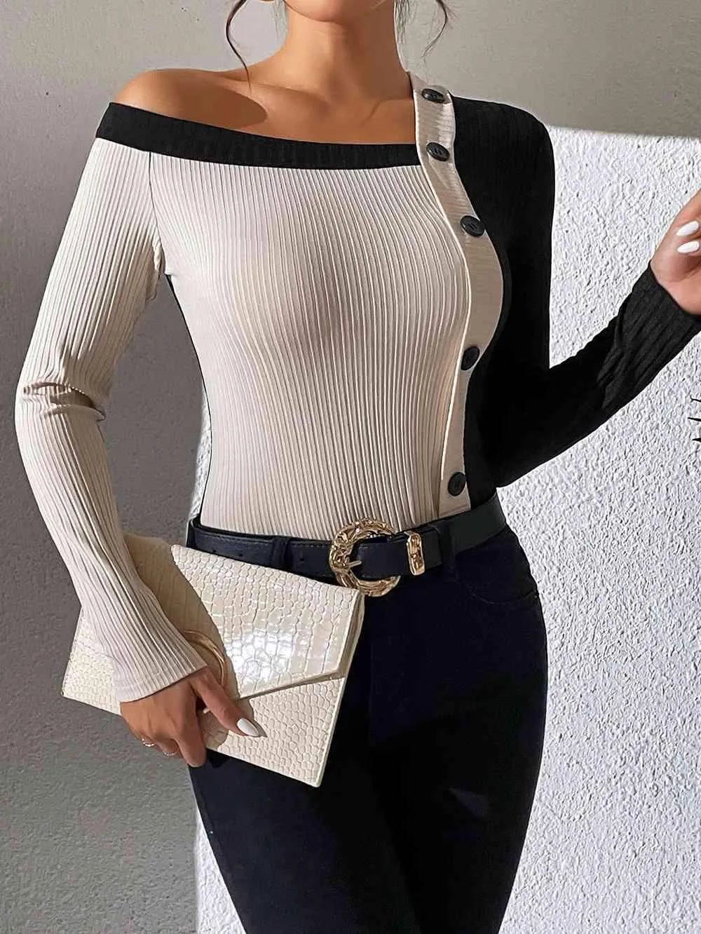 Asymmetrical One Shoulder Contrast Color Buttoned Blouse Blouses - Tophatter Daily Deals