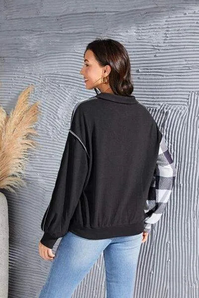 Plaid Exposed Seam Long Sleeve Blouse Blouses - Tophatter Daily Deals